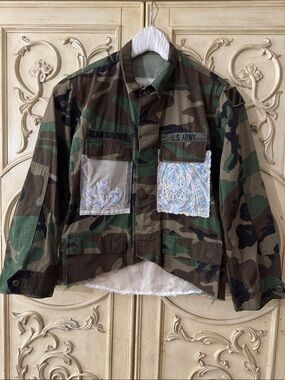 U.S. Army Camouflage Jacket with Sequin Floral Patch Accents Size Medium